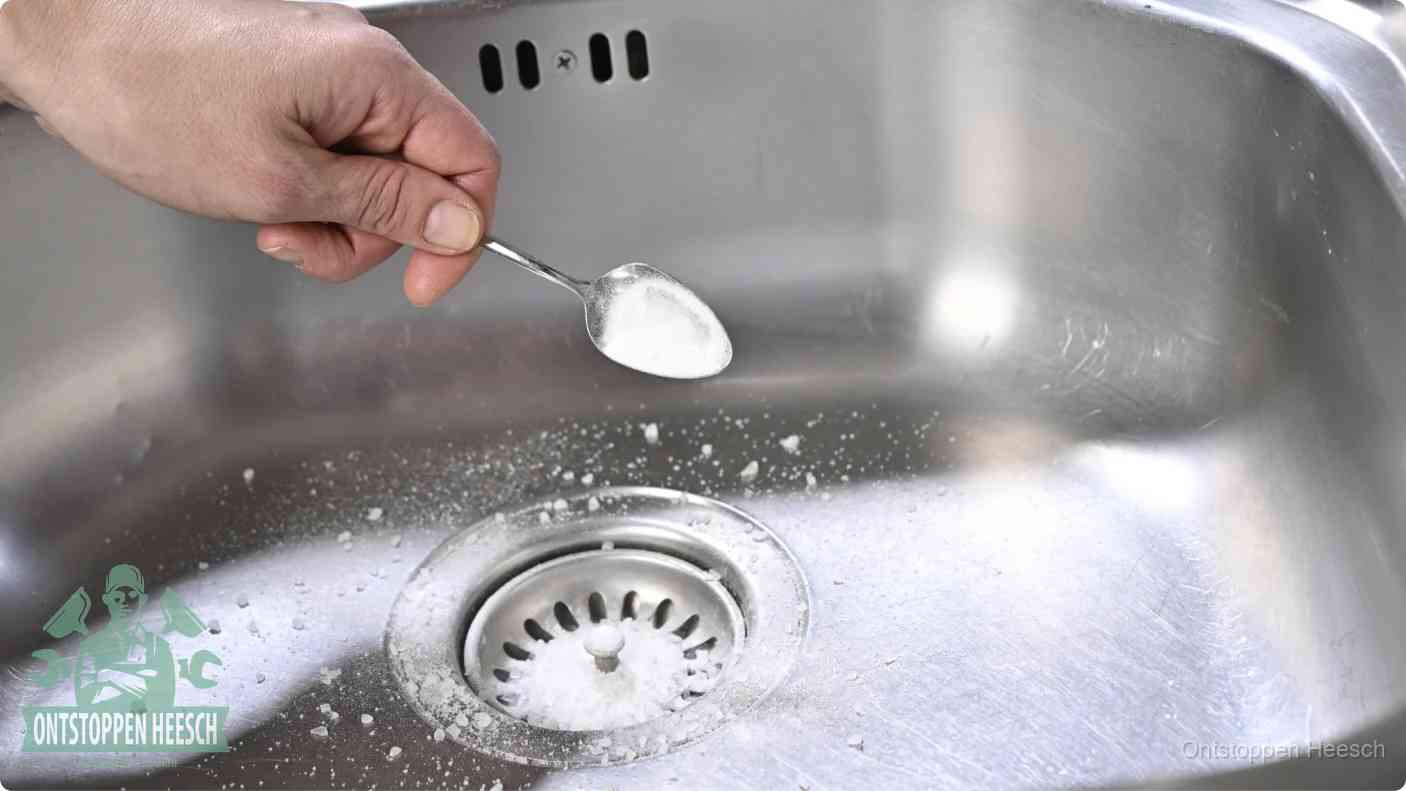 Een hand strooit met een lepel soda in de afvoer van een roestvrijstalen spoelbak, de soda en azijn huismiddel-methode om de afvoer te ontstoppen in Heesch