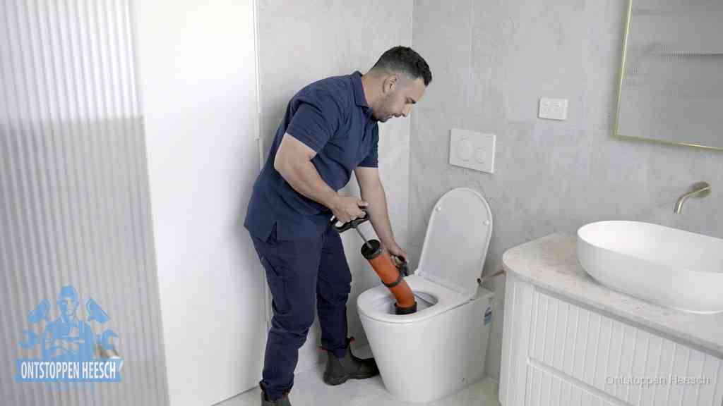 Een monteur buigt over een wandcloset en duwt met de hand een persluchtontstopper in de toiletpot om de verstopping handmatig los te maken in Heesch