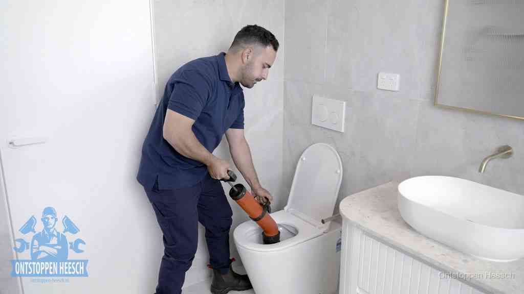 Een monteur gebruikt een handmatige perspomp (toiletontstopper) op een wandcloset tijdens het professioneel wc ontstoppen in Heesch