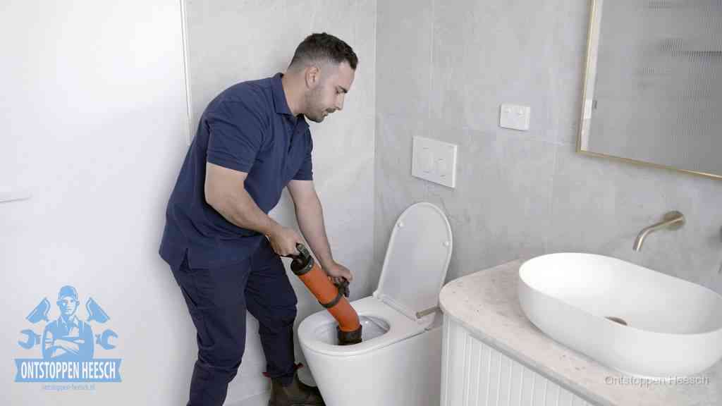 Een man gebruikt een handmatige luchtdruk-ontstopper in een modern betegeld toilet om zelf de wc te ontstoppen in Heesch